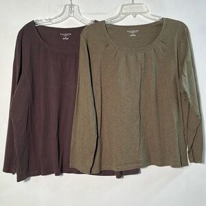 TALBOTS Set of Two Heathered Olive/ Brown Cotton Scoop Detailed Neck Tops SZ 2X